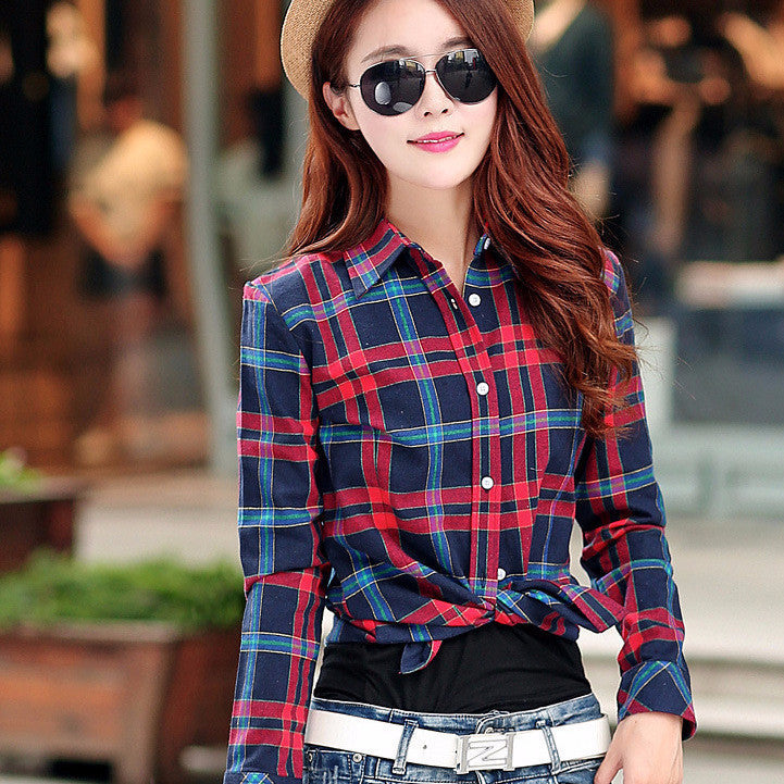 Fashion Casual Lapel Plus Size Blouses women plaid shirt Checks Flannel Shirts Female Long Sleeve Tops Blouse