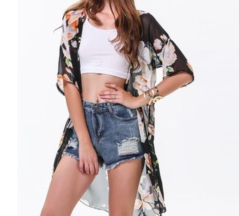 Style Women Casual Loose Chiffon Blouse Shirts Bohemian Floral Printed Long Cardigan Outwear Plus Size