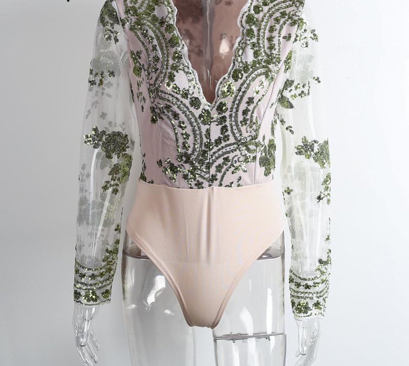 Simplee Apparel Golden sequin mesh bodysuit for women Transparent sleeve leotard bodysuit top V neck elegant jumpsuit romper-Dollar Bargains Online Shopping Australia