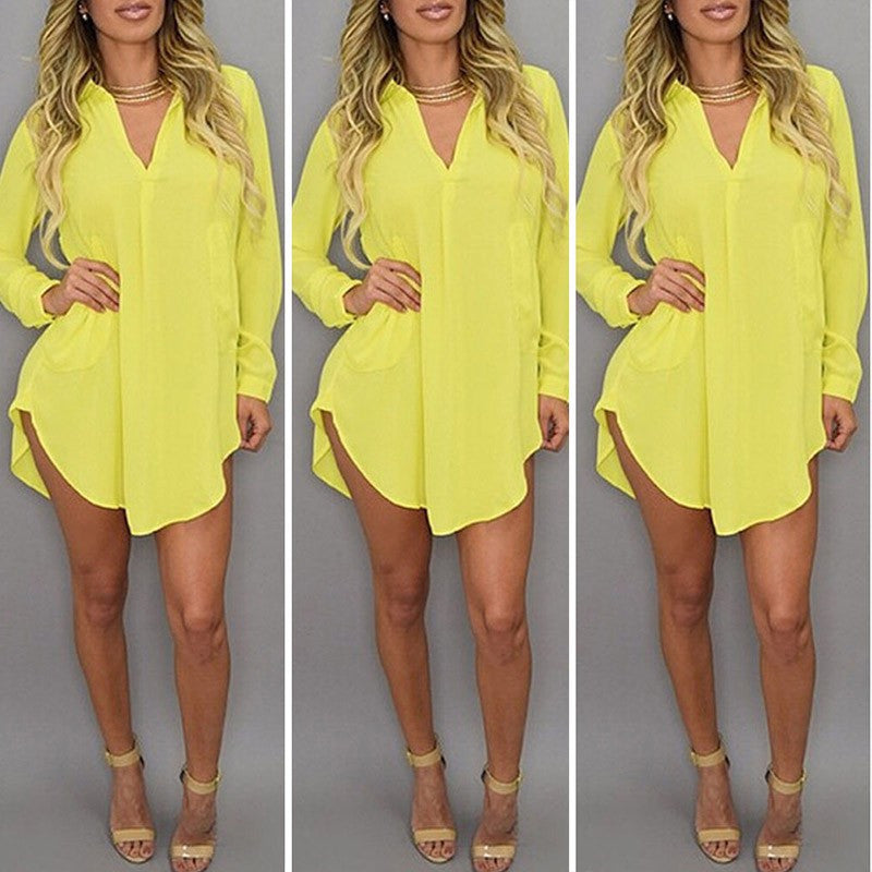 Women Casual Loose Long Chiffon Shirts Spring Long Sleeve Turn Down Collar Blouses Tops Plus Size Mini Dress Vestidos