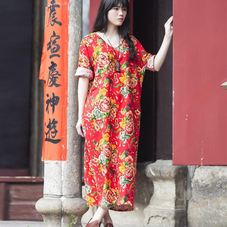 Women Dress Summer Linen V-neck Vintage Print Long-sleeve Loose-waist Hem Split Long Maxi Vintage Dress 0144