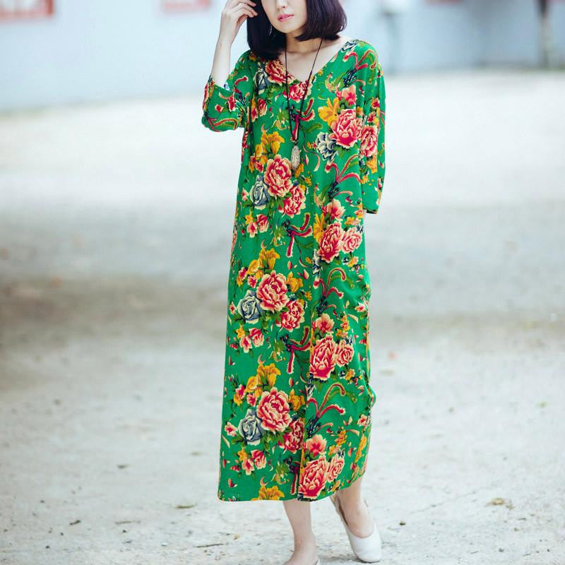 Women Dress Summer Linen V-neck Vintage Print Long-sleeve Loose-waist Hem Split Long Maxi Vintage Dress 0144
