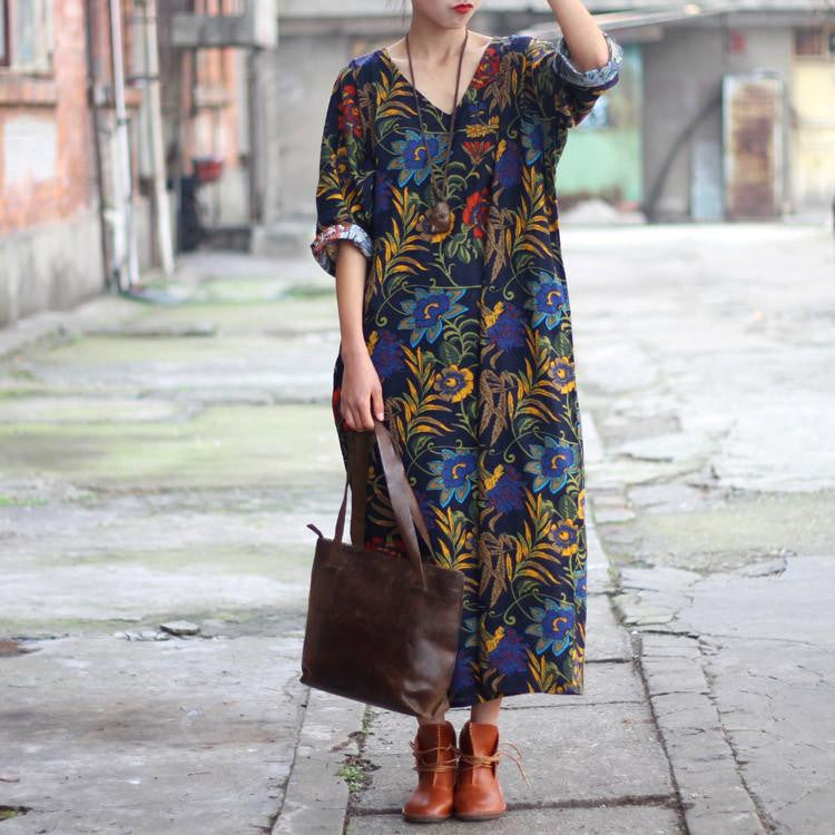 Women Dress Summer Linen V-neck Vintage Print Long-sleeve Loose-waist Hem Split Long Maxi Vintage Dress 0144