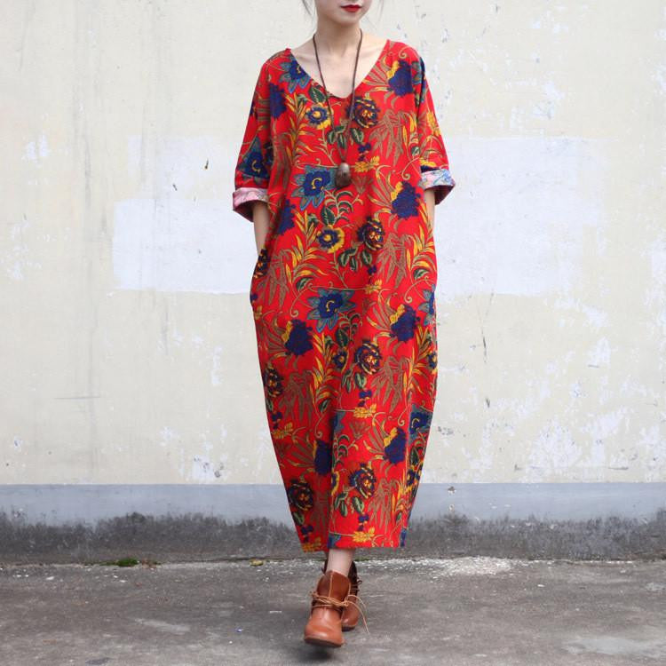 Women Dress Summer Linen V-neck Vintage Print Long-sleeve Loose-waist Hem Split Long Maxi Vintage Dress 0144