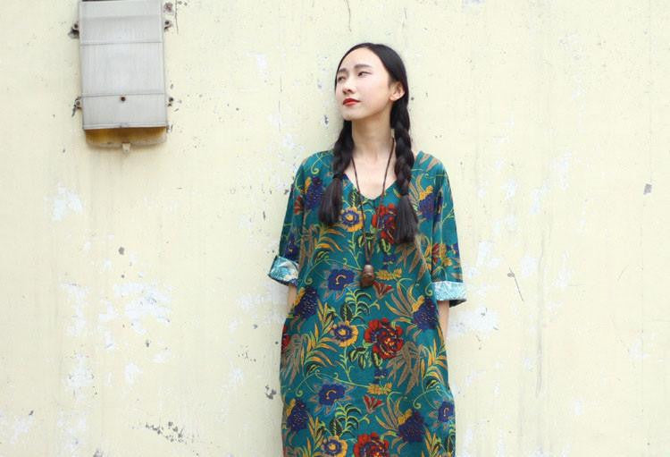 Women Dress Summer Linen V-neck Vintage Print Long-sleeve Loose-waist Hem Split Long Maxi Vintage Dress 0144