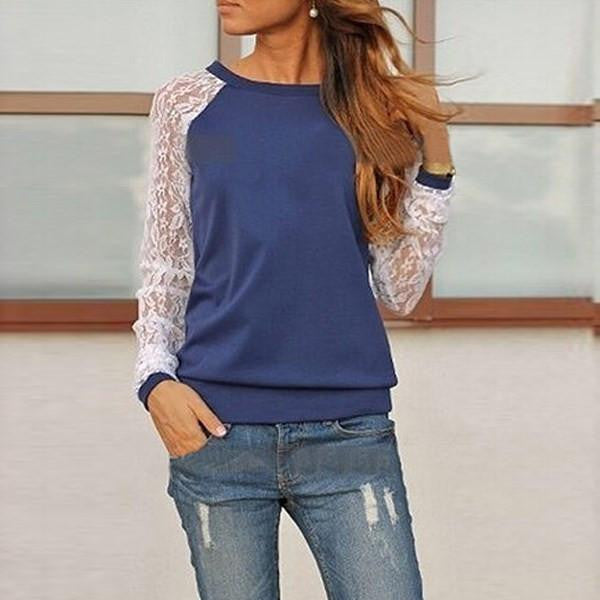 Women Lace Blouse Casual Crochet Patchwork Long Sleeve Slim Shirts Tops Plus Size S-XXXL