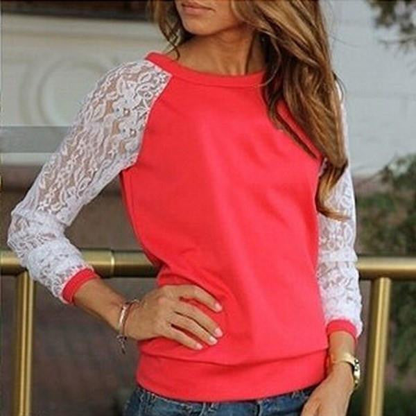 Women Lace Blouse Casual Crochet Patchwork Long Sleeve Slim Shirts Tops Plus Size S-XXXL