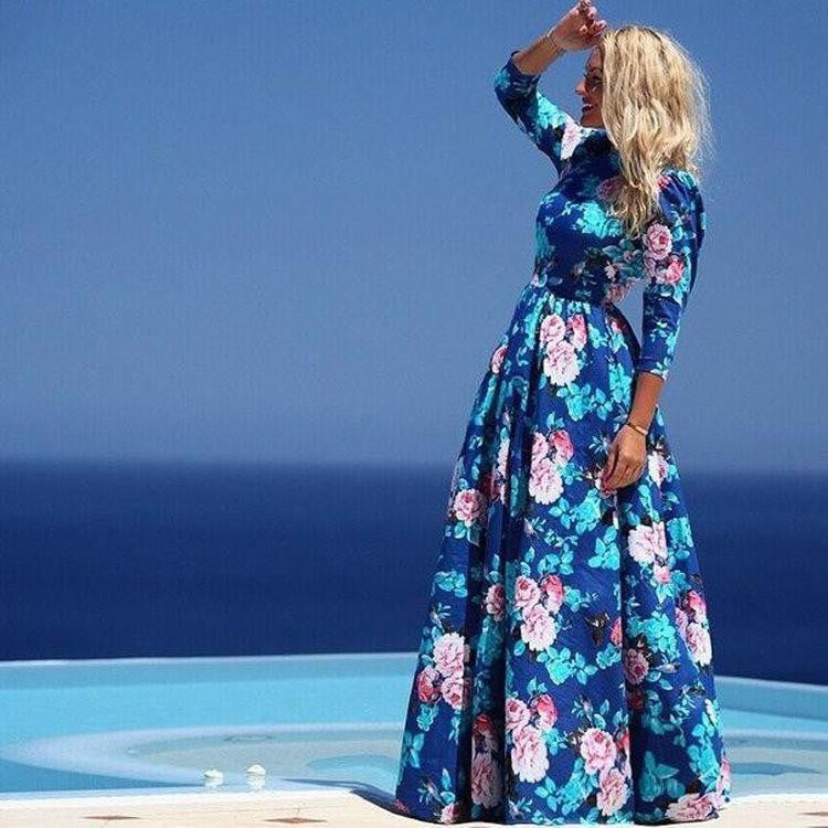 Summer Fashion Print Floral Long Dress 3/4 Sleeve Blue Plus Size Chiffon Bohemian Floor Length Dresses Vestidos de festa
