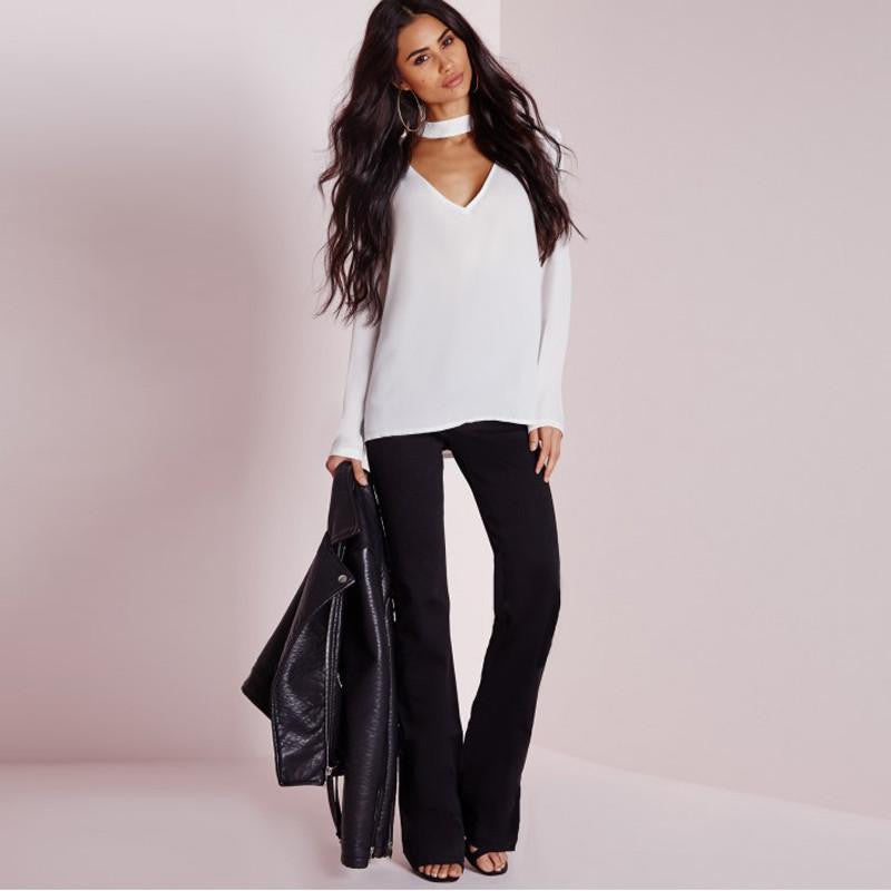 V-neck long sleeve blouses Solid slim women shirts for and Women Top Female