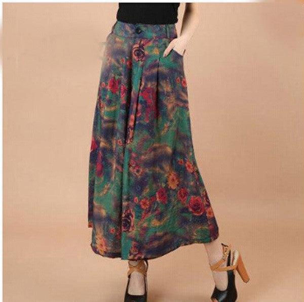Plus size Summer Women Print Flower Pattern Wide Leg Loose Linen Dress Pants Female Casual Skirt Trousers