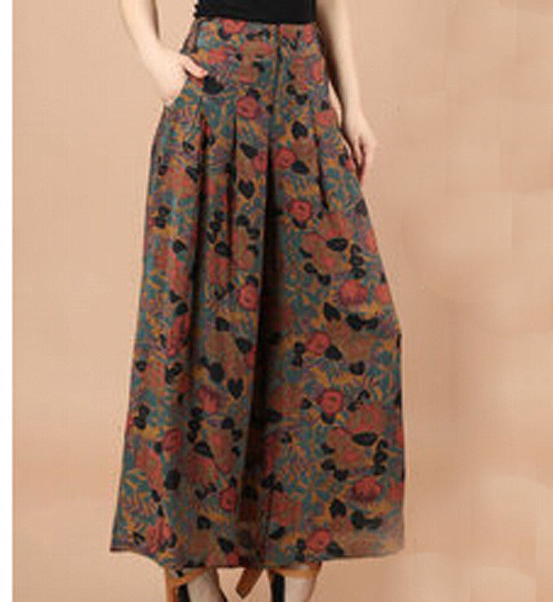 Plus size Summer Women Print Flower Pattern Wide Leg Loose Linen Dress Pants Female Casual Skirt Trousers