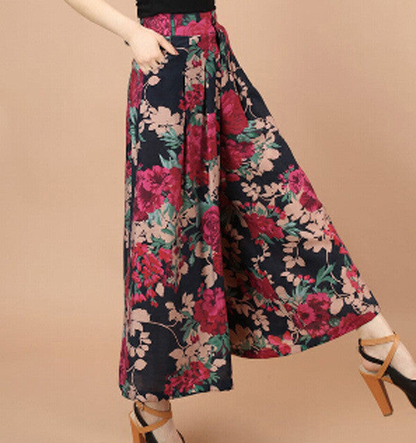 Plus size Summer Women Print Flower Pattern Wide Leg Loose Linen Dress Pants Female Casual Skirt Trousers
