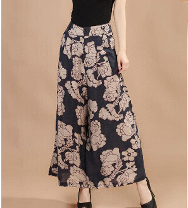 Plus size Summer Women Print Flower Pattern Wide Leg Loose Linen Dress Pants Female Casual Skirt Trousers