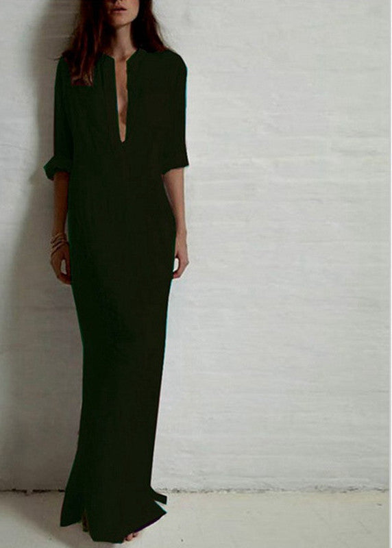 Vestidos ZANZEA Women Retro Long Dress Elegant Ladies Long Sleeve Deep V Neck Long Line Split Solid Floor-length Dress