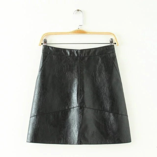 PU faux leather women skirt pink yellow black back zipper