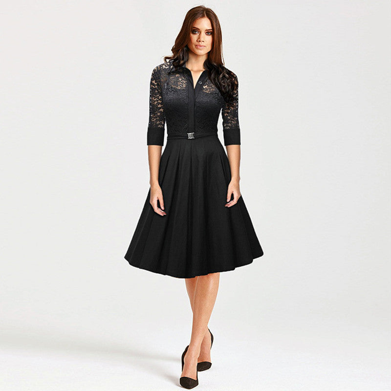 Audrey Hepburn vintage women Lace Waist Black big swing robe high dres Audrey Hepburn vintage women Lace Waist Black big swing robe high dres