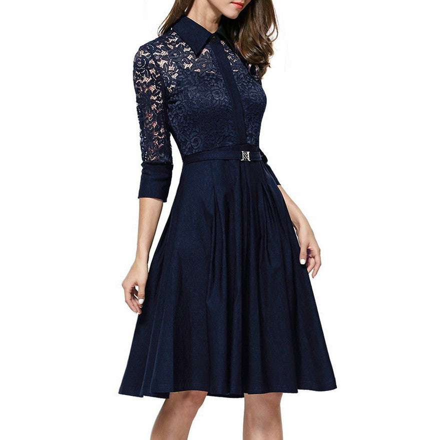 Audrey Hepburn vintage women Lace Waist Black big swing robe high dres Audrey Hepburn vintage women Lace Waist Black big swing robe high dres