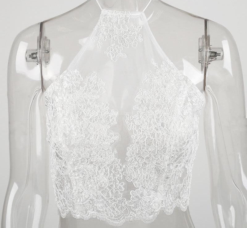 Online discount shop Australia - Elegant women lace crop top party white backless short halter tops High neck gold girls cami tank top