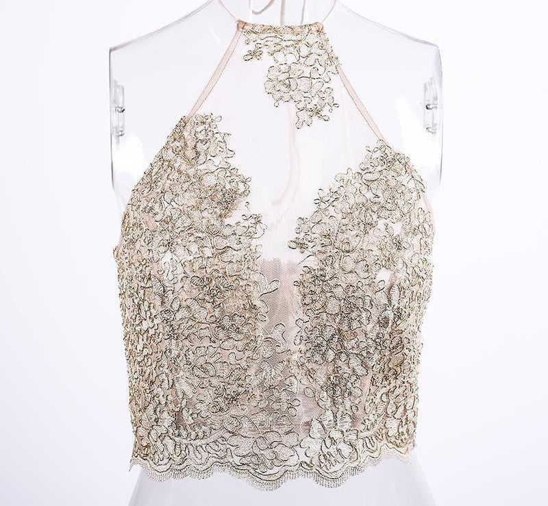 Online discount shop Australia - Elegant women lace crop top party white backless short halter tops High neck gold girls cami tank top