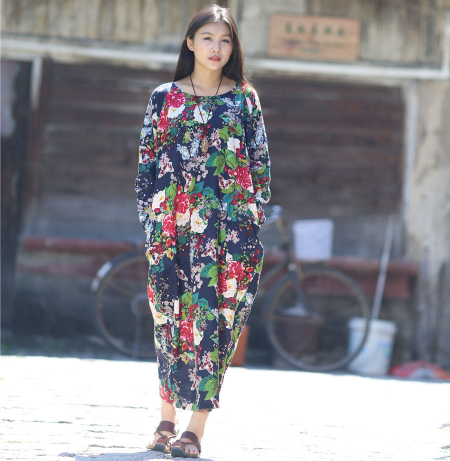 Online discount shop Australia - Dress O-neck Flower Print with Butterfly Loose Casual Linen Dresses Vintage Women Dress Vestidos S36