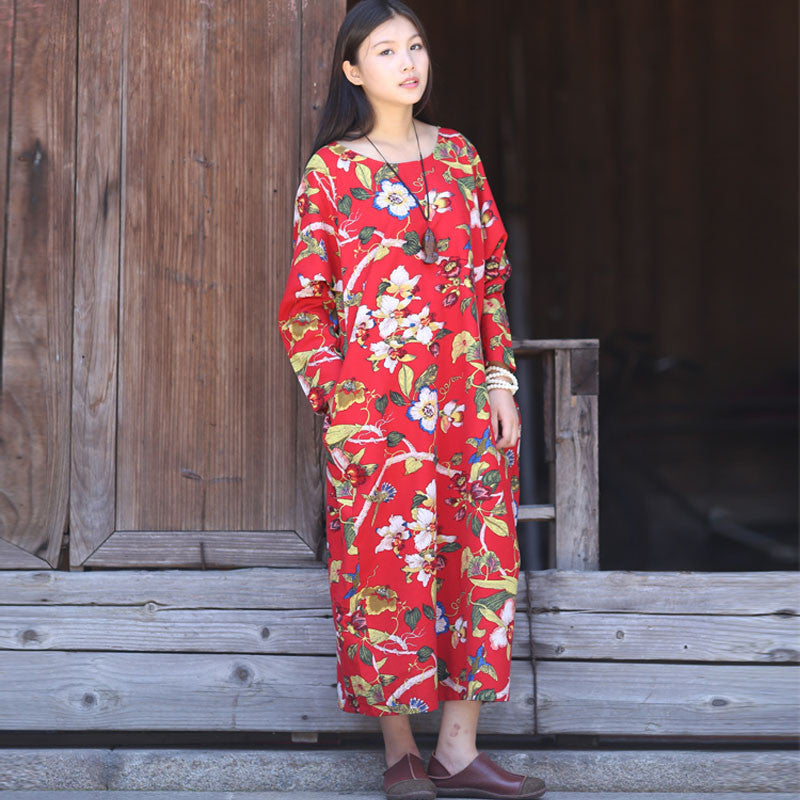 Online discount shop Australia - Dress O-neck Flower Print with Butterfly Loose Casual Linen Dresses Vintage Women Dress Vestidos S36