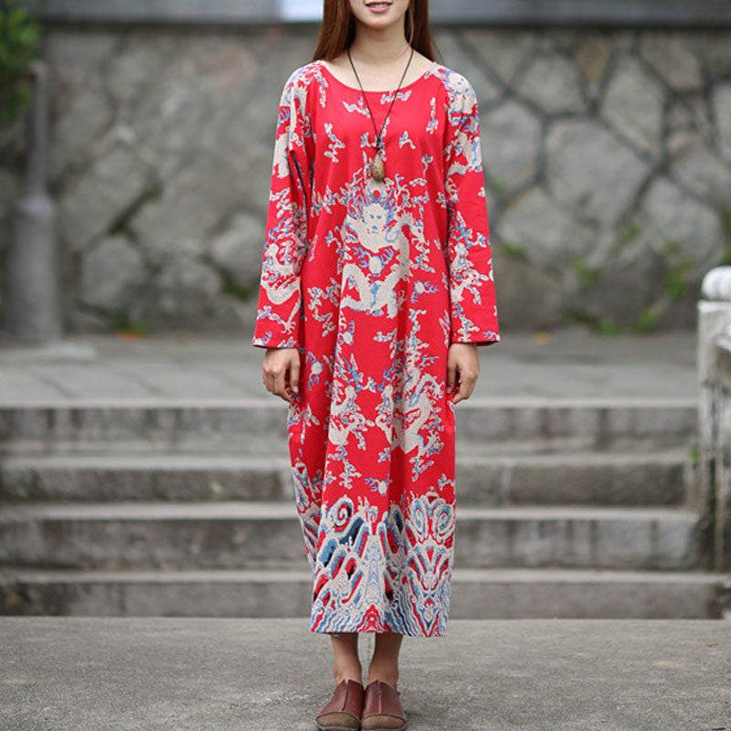Online discount shop Australia - Dress O-neck Flower Print with Butterfly Loose Casual Linen Dresses Vintage Women Dress Vestidos S36