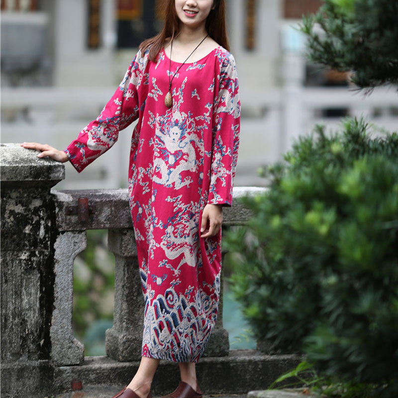 Online discount shop Australia - Dress O-neck Flower Print with Butterfly Loose Casual Linen Dresses Vintage Women Dress Vestidos S36