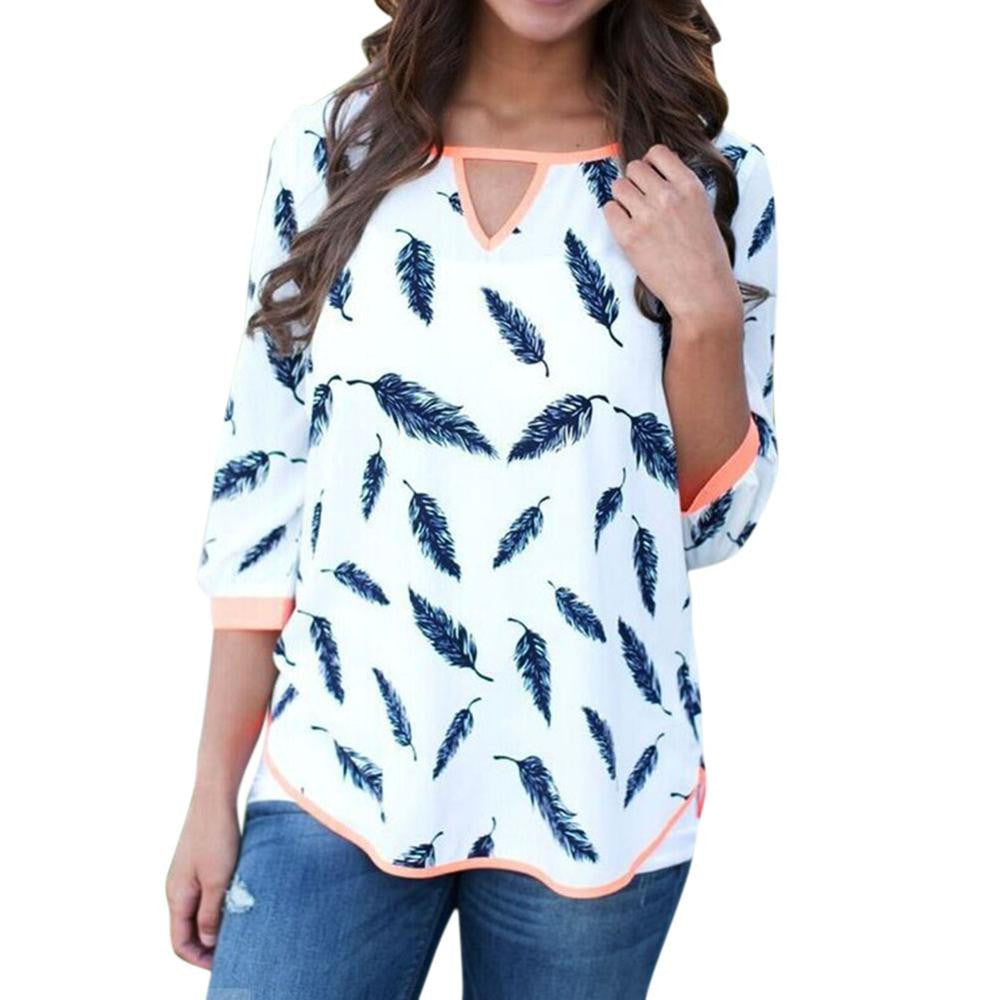 Online discount shop Australia - Casual Wear Women Blouse Three Quarter sleeve V-neck Cotton Blend Shirt Leaves Print Tops