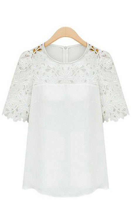 Online discount shop Australia - Fashion New Ladies Blouse O-Neck Soild Hollow Out Patchwork Loose Causal Lady Blouse Plus Size S-5XL