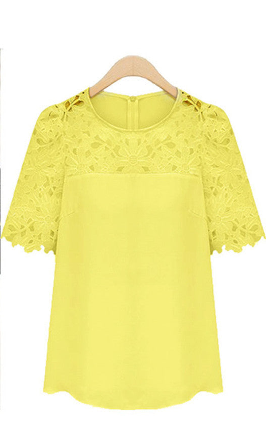 Online discount shop Australia - Fashion New Ladies Blouse O-Neck Soild Hollow Out Patchwork Loose Causal Lady Blouse Plus Size S-5XL