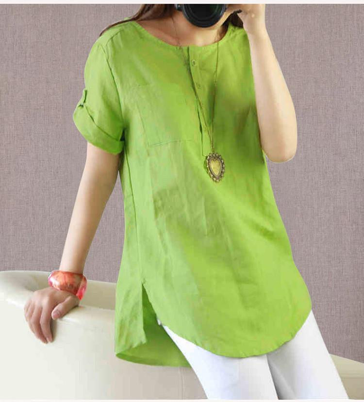 Women Blouses Linen Shirt Women Tops O-neck Short Sleeve Blouse Shirt