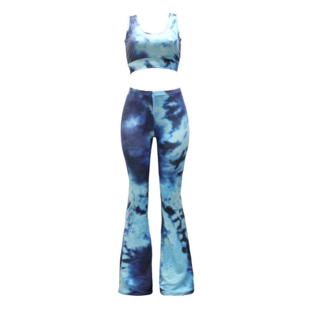 Online discount shop Australia - European and American Style Gradient Tie Dye Flare Pants for Women High Waist Wide Leg Long Trousers with Short Tops