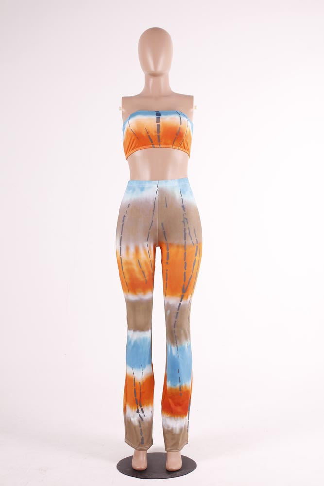 Online discount shop Australia - European and American Style Gradient Tie Dye Flare Pants for Women High Waist Wide Leg Long Trousers with Short Tops