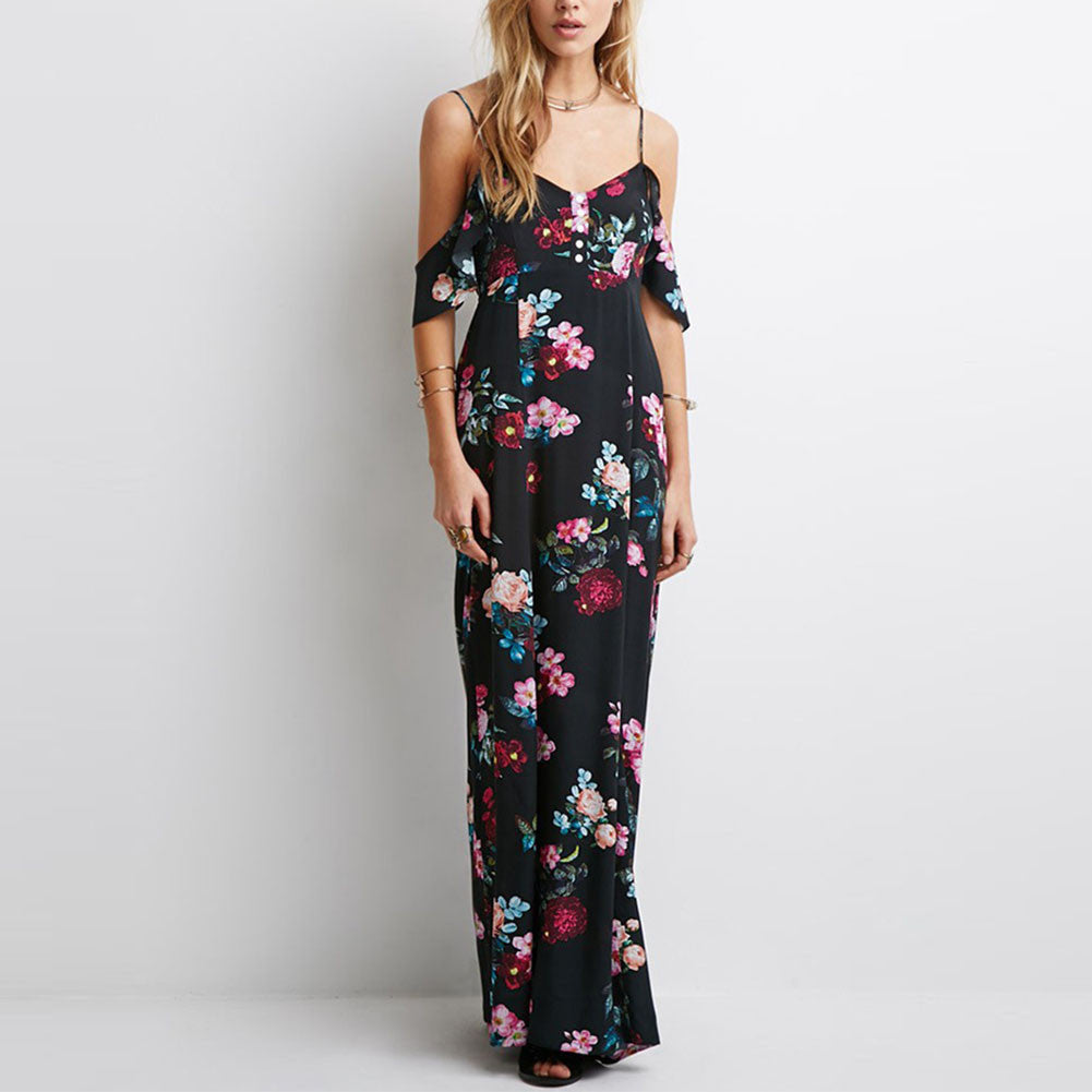 Off Shoulder Summer Boho Beach dress casual Sleeveless Chiffon Women Maxi Retro Floral Print Evening Long Party Dresses
