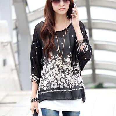 Online discount shop Australia - Blouse Shirt New Style Women Chiffon Tops Plus Size Women's Batwing Sleeve Print Casual Shirts