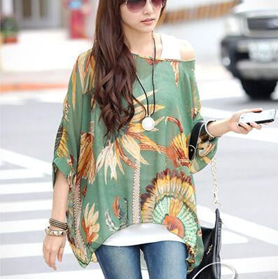 Online discount shop Australia - Blouse Shirt New Style Women Chiffon Tops Plus Size Women's Batwing Sleeve Print Casual Shirts
