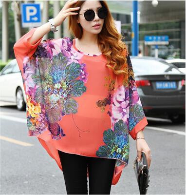 Online discount shop Australia - Blouse Shirt New Style Women Chiffon Tops Plus Size Women's Batwing Sleeve Print Casual Shirts