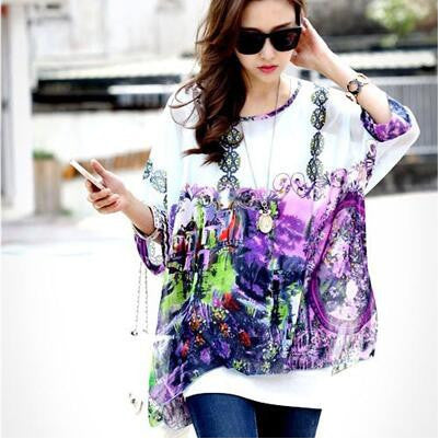 Online discount shop Australia - Blouse Shirt New Style Women Chiffon Tops Plus Size Women's Batwing Sleeve Print Casual Shirts