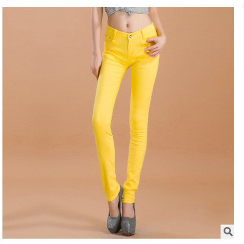 Online discount shop Australia - female slim show thin candycolor pencil denim pants / women's solid color casual carry buttock jeans