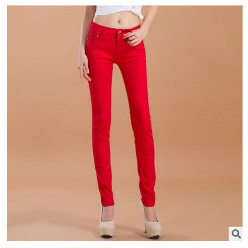 Online discount shop Australia - female slim show thin candycolor pencil denim pants / women's solid color casual carry buttock jeans