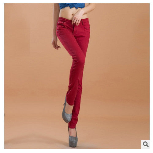 Online discount shop Australia - female slim show thin candycolor pencil denim pants / women's solid color casual carry buttock jeans