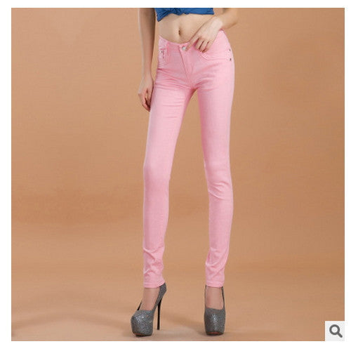 Online discount shop Australia - female slim show thin candycolor pencil denim pants / women's solid color casual carry buttock jeans