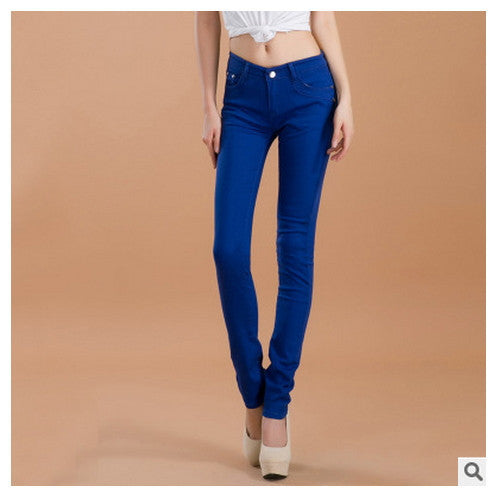 Online discount shop Australia - female slim show thin candycolor pencil denim pants / women's solid color casual carry buttock jeans