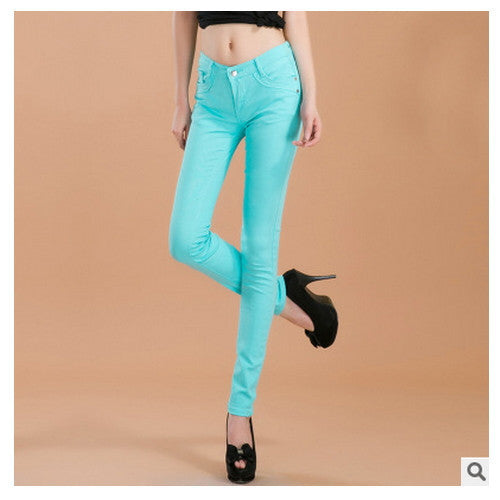 Online discount shop Australia - female slim show thin candycolor pencil denim pants / women's solid color casual carry buttock jeans