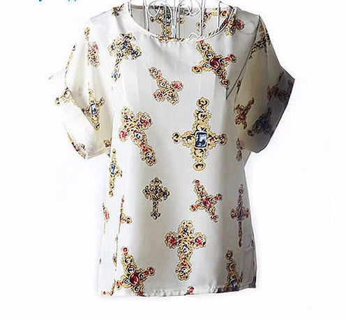 Online discount shop Australia - Colorful Apparel Print O-Neck Tropical Chiffon Women Blouses Short Batwing Sleeve Plus Size Shirt Body