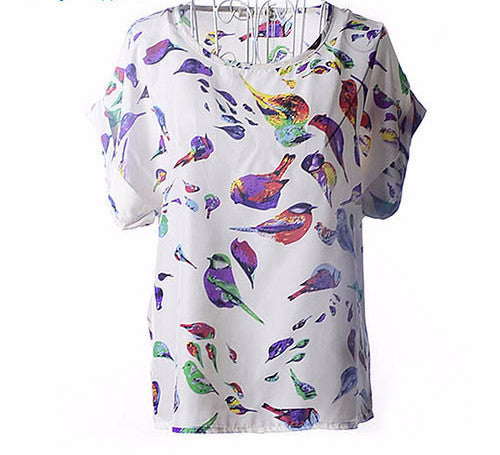 Online discount shop Australia - Colorful Apparel Print O-Neck Tropical Chiffon Women Blouses Short Batwing Sleeve Plus Size Shirt Body