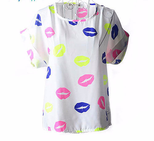 Online discount shop Australia - Colorful Apparel Print O-Neck Tropical Chiffon Women Blouses Short Batwing Sleeve Plus Size Shirt Body