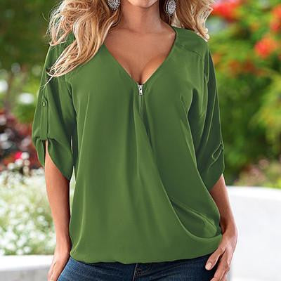Women Blouses V Neck Zipper Loose Plus Size 5XL Women Clothing Casual Half Sleeve Splice Women Tops Shirts