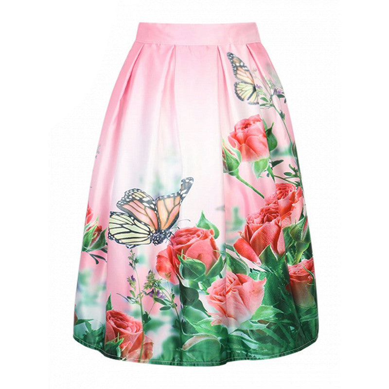 Online discount shop Australia - Floral Print Vintage Pleated Skater Midi Skirt Fashion High Waist Ball Gown Women Skirt Elegant Saia