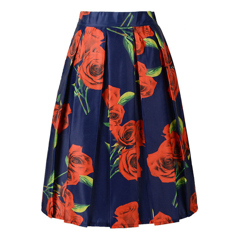 Online discount shop Australia - Floral Print Vintage Pleated Skater Midi Skirt Fashion High Waist Ball Gown Women Skirt Elegant Saia